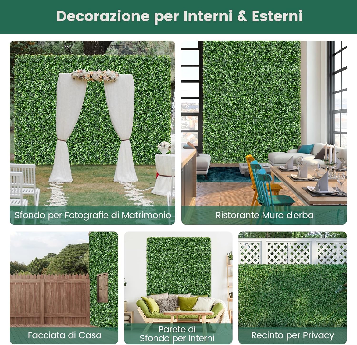 Pianta Finta 50 x 50 cm 12 Pezzi, Pannelli da Parete in Erba Artificiale, Pannelli in PE, Recinzione di Privacy da Interno ed Esterno per Giardino, Cortile e Salotto