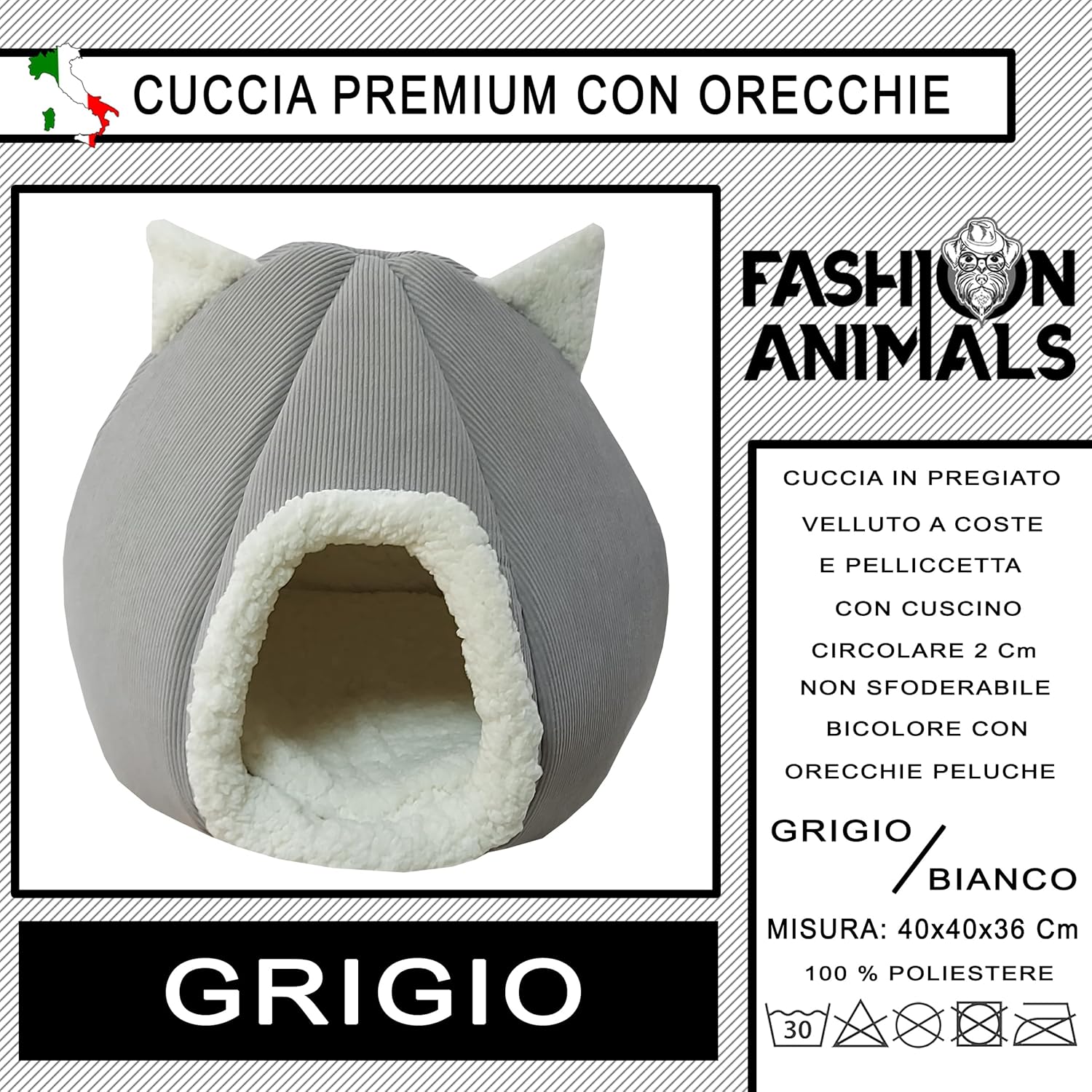 Cuccia Premium per cani e gatti - Letto morbido e confortevole - Base antiscivolo - Resistente e Facile da lavare (with ears-Grigio)