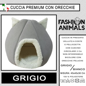 Cuccia Premium per cani e gatti - Letto morbido e confortevole - Base antiscivolo - Resistente e Facile da lavare (with ears-Grigio)