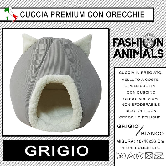 Cuccia Premium per cani e gatti - Letto morbido e confortevole - Base antiscivolo - Resistente e Facile da lavare (with ears-Grigio)