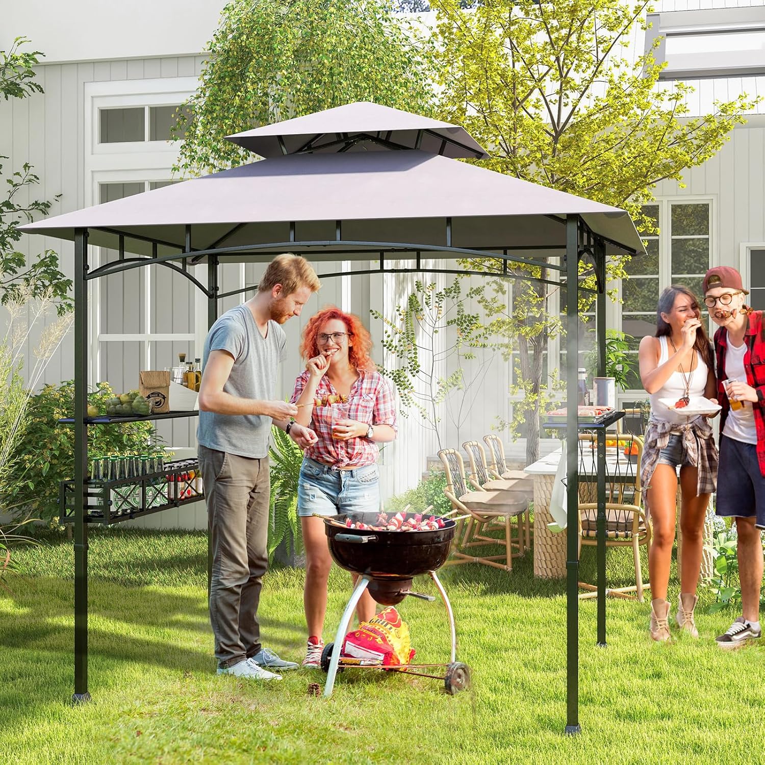 Gazebo per Barbecue, Pergola per BBQ con 2 Ripiani Laterali, Cestino, Ganci Appendiutensili, Apribottiglie, Copertura a 2 Livelli, per Giardino e Cortile, 242 x 153 x 250 cm (Grigio)