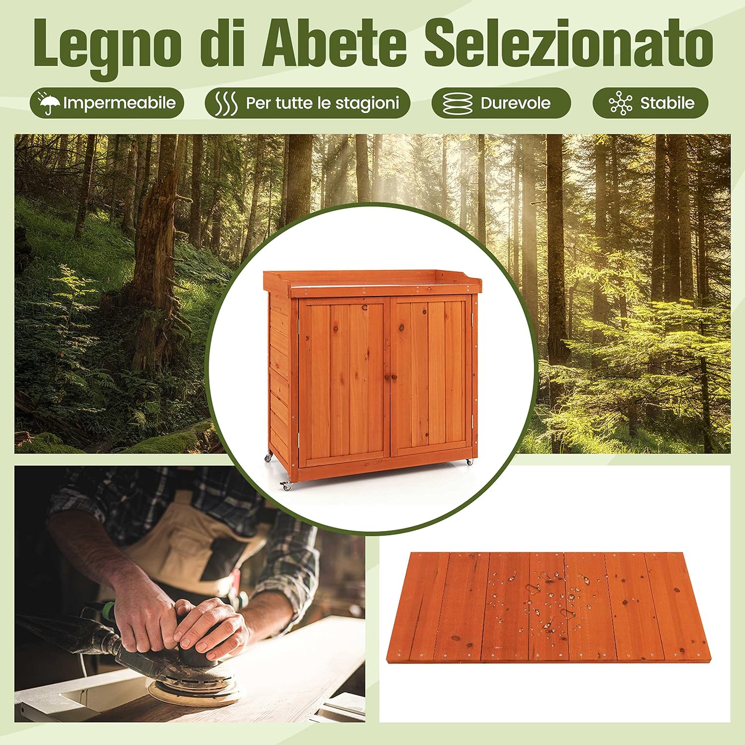 Armadio da Esterno in Legno, Casetta da Giardino con Ripiano Rimovibile e 4 Ruote Universali, Capanno Porta Attrezzi da Esterno e da Interno, 98,5 x 48 x 100 cm