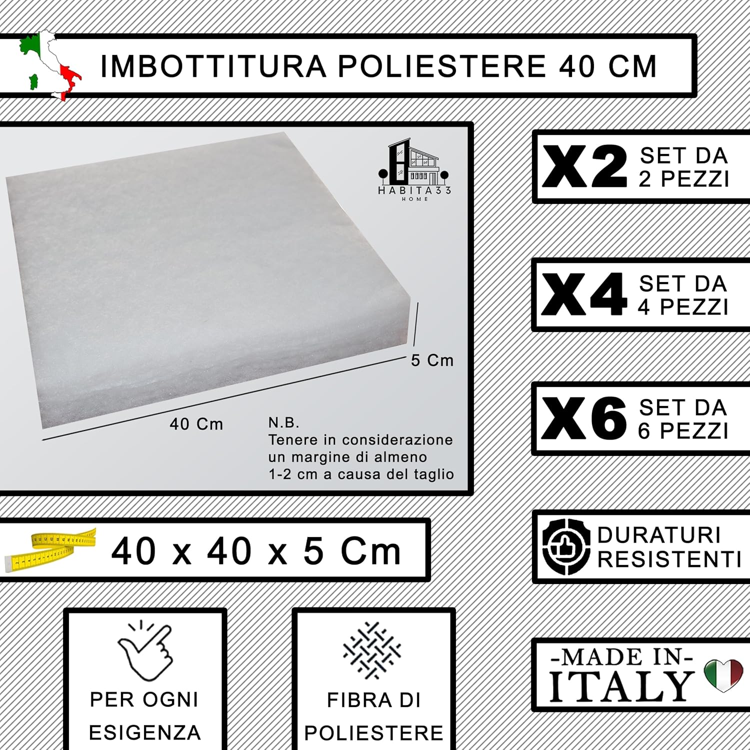 Set 4 Imbottitura Cuscini 40x40x5, Inserto Cuscino Poliestere per Cuscini Sedie Cucina o Esterno, Cuscino Personalizzato, Made in Italy (4, Poliestere 40 cm)