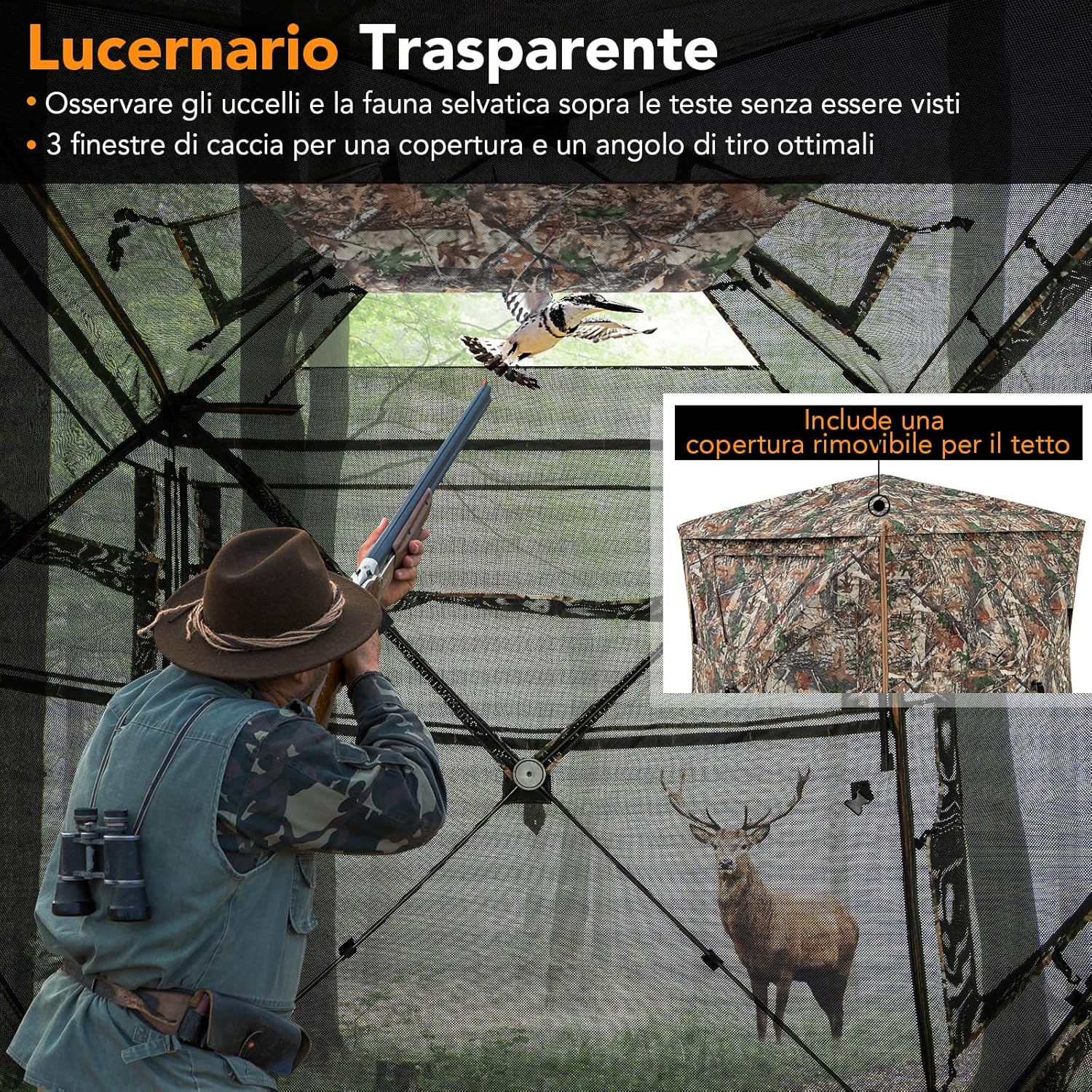 Tenda da Caccia 5 in 1 per 2-3 Persone, Tenda Mimetica a Visione a 360° per Caccia, Tenda Pop-Up Camouflage con Borsa da Trasporto, Attrezzatura Caccia Funzione da Recinto, 148 x 148 x 164 cm