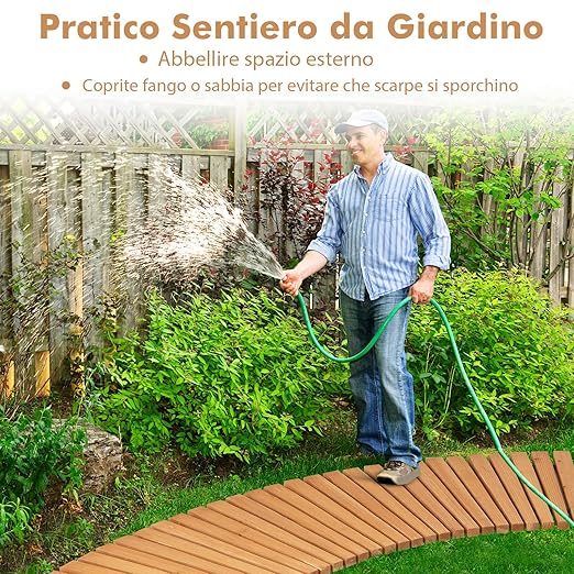 Sentiero da Giardino in Legno, Passerella Curvo da Esterno con Superficie Antiscivolo e Fili Metallici, Design Arrotolabile, per Patio Cortile e Spiaggia, Naturale (216 x 43 cm)