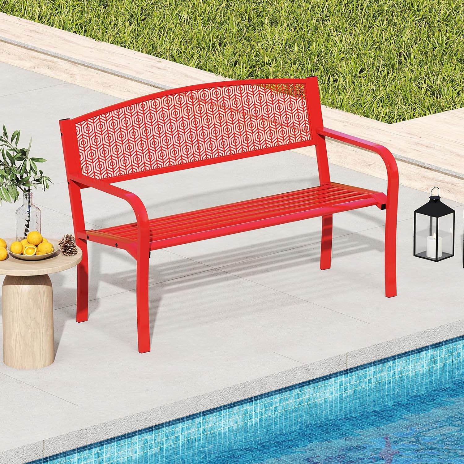Panca da Esterno 2-3 Posti 128 cm, Panca in Metallo con Braccioli Curvi e Schienale alla Moda, Panchina Moderna in Metallo per Parco, Cortile e Giardino (Rosso, 128 x 60 x 86.5 cm)