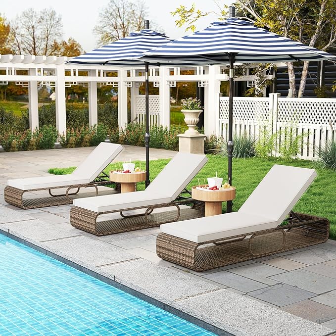 Lettino Prendisole Relax, Sedia in Rattan PE con Schienale Regolabile a 7 Posizioni, Cuscino Morbido e Spazio di Stoccaggio, Sedia a Sdraio per Piscina, Giardino e Cortile, Portata 180 kg