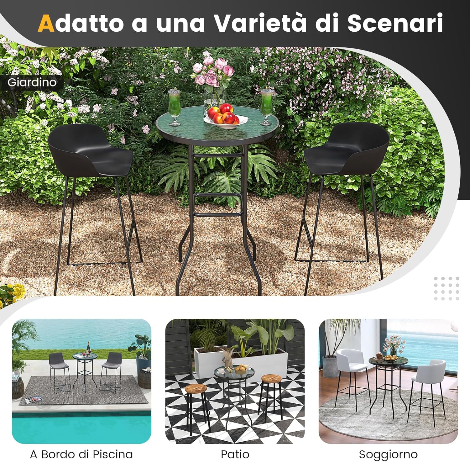 Tavolo da Bar per Giardino, Tavolo 97 cm con Piano in Vetro Temperato e Telaio in Metallo, Tavolo da Esterno per Giardino, Balcone, Cortile, Bordo, 68 x 68 x 97 cm