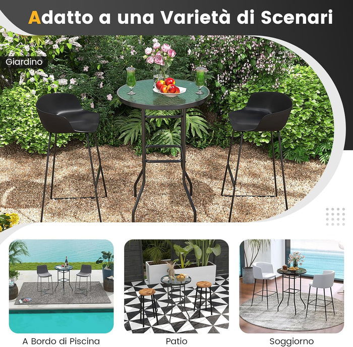 Tavolo da Bar per Giardino, Tavolo 97 cm con Piano in Vetro Temperato e Telaio in Metallo, Tavolo da Esterno per Giardino, Balcone, Cortile, Bordo, 68 x 68 x 97 cm