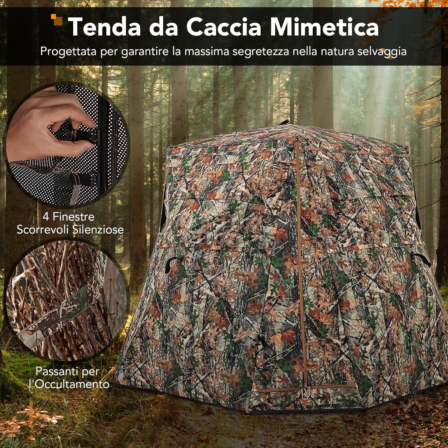 Tenda da Caccia per 2-3 Persone, Tenda Mimetica a Visione a 360° Trasparente per Caccia, Tenda Pop-Up Camouflage con Borsa da Trasporto, Attrezzatura e Accessori da Caccia, 249 x 211 x 175 cm