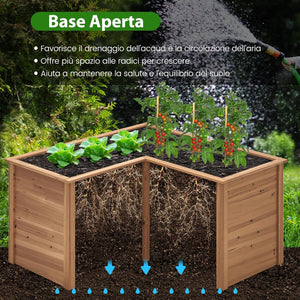 Letto Rialzato da Giardino in Legno, Fioriera da Esterno a Forma di L con Base Aperta, Aiuola per Frutto, Erbe, Verdure e Fiori da Blacone, Cortile e Prato, 120 x 120 x 63 cm (Marrone)