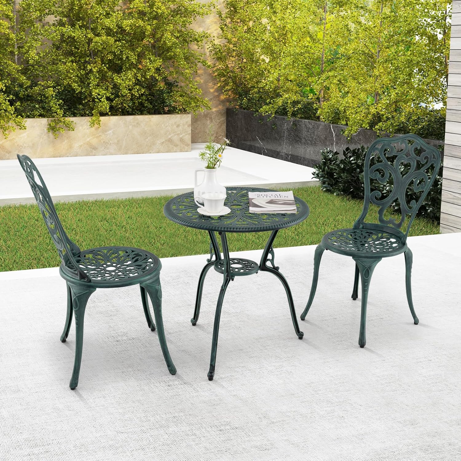 Set da Bistro da Patio a 3 Pezzi, Sedie e Tavolo in Alluminio con Foro per Ombrello, Set da Bistro da Esterno per Veranda, Giardino e Piscina (Verde)