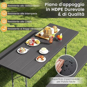 Tavolo da Picnic Pieghevole con 2 Panche, Set di Tavolo da 183 cm con Telaio in Metallo, Piano in HDPE, con Foro per Ombrellone, Tavolo da Pranzo da Giardino, Portata Totale 650 kg (Nero)