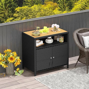 Armadietto Portaoggetti in Rattan, Mobile Buffet per Esterni in Legno di Acacia, Con Compartimento Aperto e Armadio Chiuso a 2 Ante, per Piscina, Terrazza e Patio, 90 x 53 x 86 cm (Nero)