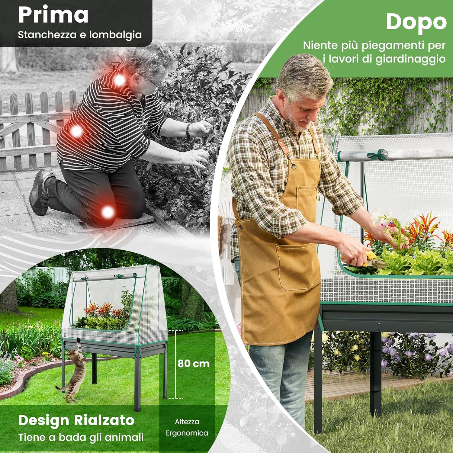 Letto per Orto in Cassetta con Serra da Giardino, Fioriera Rialzata da Giardino in Acciaio Zincato e PE, Aiuola Rialzata con Fori di Drenaggio da Esterno, 115 x 60 x 150 cm, Grigio