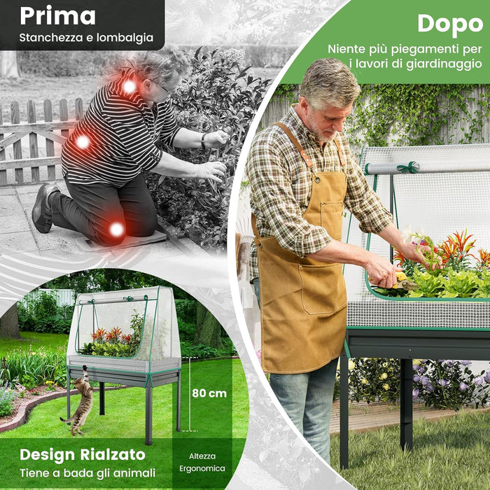 Letto per Orto in Cassetta con Serra da Giardino, Fioriera Rialzata da Giardino in Acciaio Zincato e PE, Aiuola Rialzata con Fori di Drenaggio da Esterno, 115 x 60 x 150 cm, Grigio