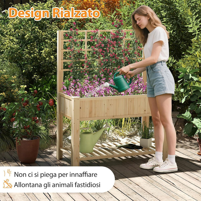 Letto da Giardino Rialzato, Fioriera Elevata con Traliccio, Mensola di Stoccaggio e Fori di Drenaggio, Orto Rialzato per Cortile, Giardino e Patio, 116 x 59 x 150 cm (Naturale)
