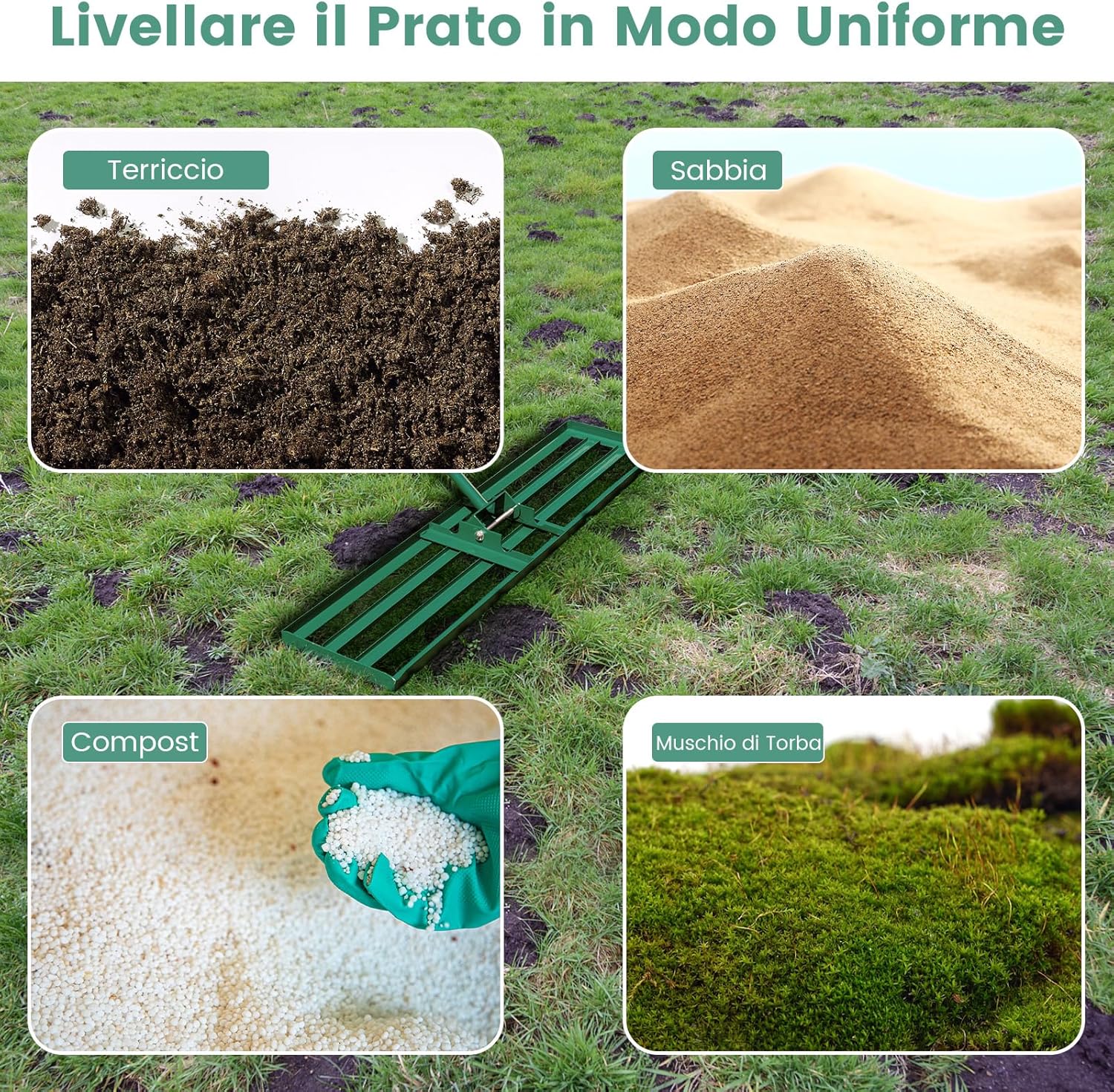 Rastrello Livellatore per Prato, Attrezzo per la Livellatura del Prato con Manico Ergonomico, Livellatrice per Giardino, Cortile, Campo da Golf, Fattoria e Pascolo (106 x 25 cm)