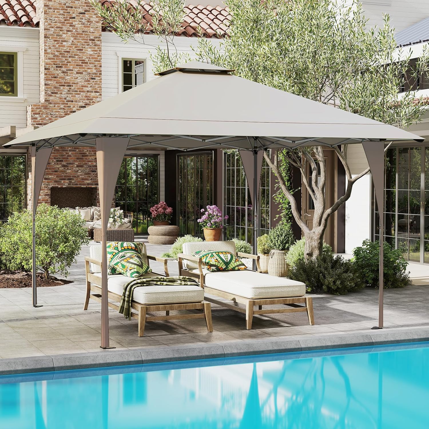 Tenda Pop-up Esterno 4x4 m Doppio Tetto, Gazebo da Giardino Altezza Regolabile con Fori di Drenaggio, Tenda da Giardino Antivento Facile da Montare con Borsa di Trasporto (Kaki)