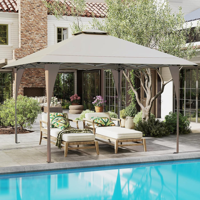 Tenda Pop-up Esterno 4x4 m Doppio Tetto, Gazebo da Giardino Altezza Regolabile con Fori di Drenaggio, Tenda da Giardino Antivento Facile da Montare con Borsa di Trasporto (Kaki)
