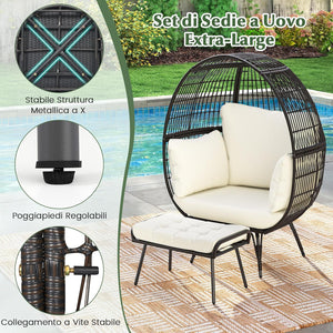 Sedia a Uovo con Poggiapiedi, Poltrona in Rattan con Struttura in Metallo e Cuscini Morbino, Portata 205 kg, Poltrona Relax per Soggiorno, Giardino, Patio e Terrazzo