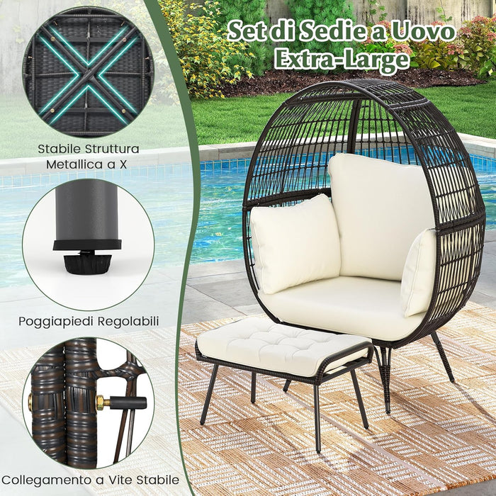 Sedia a Uovo con Poggiapiedi, Poltrona in Rattan con Struttura in Metallo e Cuscini Morbino, Portata 205 kg, Poltrona Relax per Soggiorno, Giardino, Patio e Terrazzo