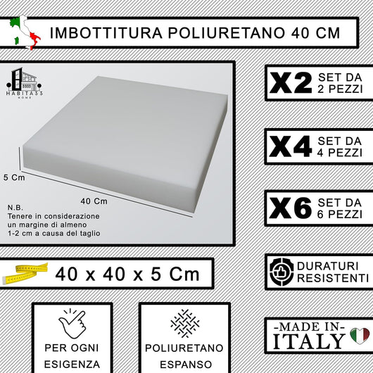 Set 4 Imbottitura Cuscini 40x40x5, Inserto Cuscino Poliuretano per Cuscini Sedie Cucina o Esterno, Cuscino Personalizzato, Made in Italy (4, Poliuretano 40 cm)