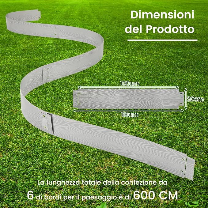 Bordatura da Giardino 6 M, Set di 6 Bordi per Aiola 110 x 20 cm in Metallo Zincato con un Paio di Guanti, Recinzione Flessibile e Forma Regolabile