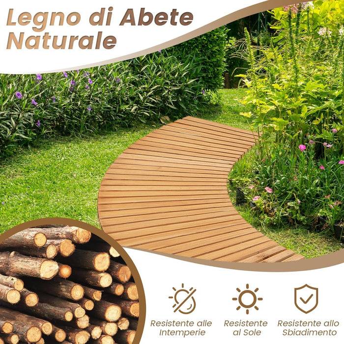 Sentiero da Giardino in Legno, Passerella Curvo da Esterno con Superficie Antiscivolo e Fili Metallici, Design Arrotolabile, per Patio Cortile e Spiaggia, Naturale (216 x 53 cm)