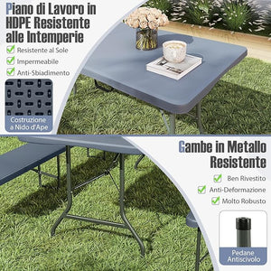 Tavolo Pieghevole Portatile da 180/245 cm, Tavolo da Campeggio in HDPE, Meccanismo di Blocco Sicuro, Tavolo da Picnic con Maniglia, Portata 160 kg (180 cm,Grigio)