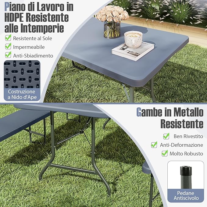 Tavolo Pieghevole Portatile da 180/245 cm, Tavolo da Campeggio in HDPE, Meccanismo di Blocco Sicuro, Tavolo da Picnic con Maniglia, Portata 160 kg (180 cm,Grigio)