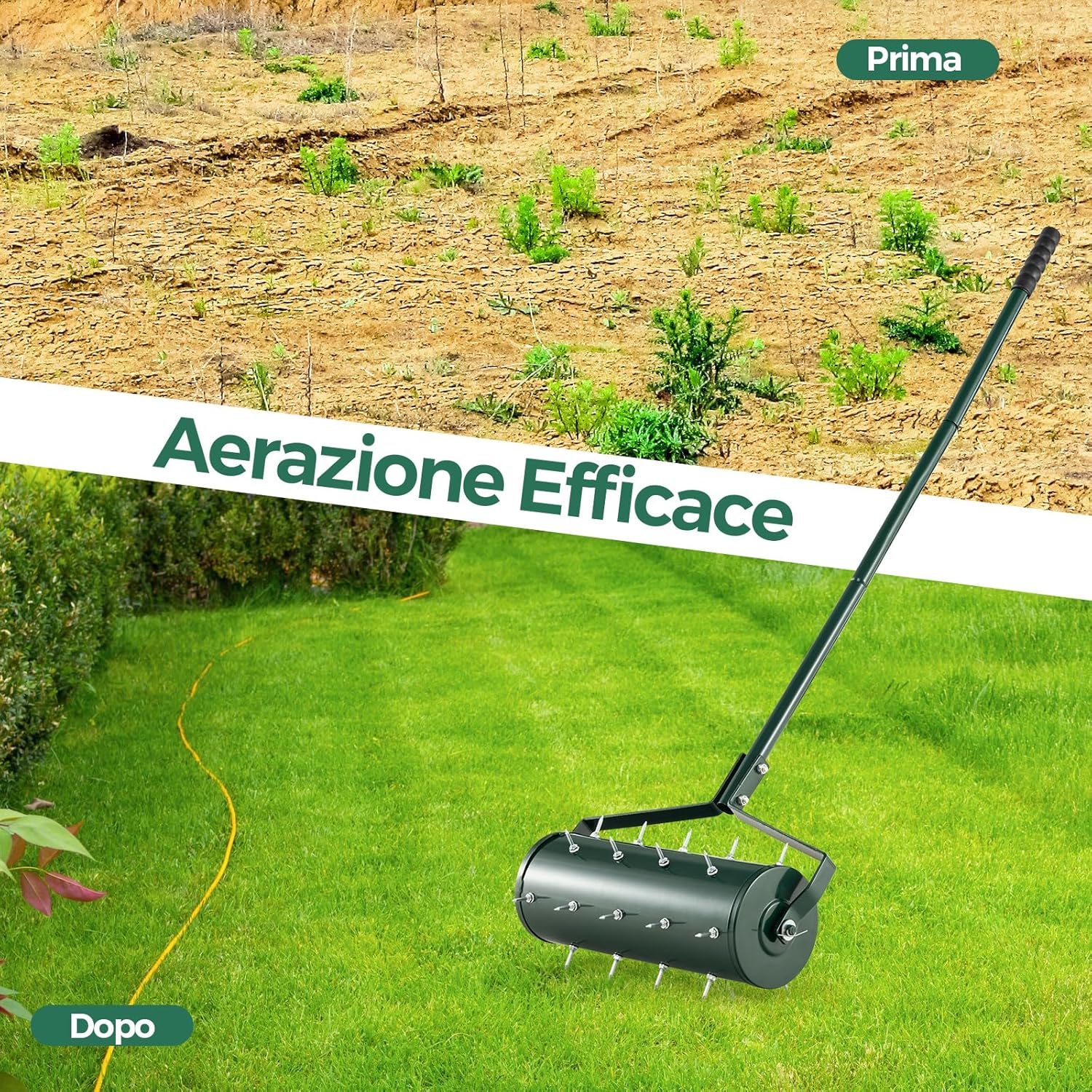 Arieggiatore Giardino 44/53 CM, Arieggiatore da Prato con Manico Rimovibile e Punte per Allentamento del Terreno, Arieggiatore Manuale per Prato, Giardino e Cortile (44 x 128 cm Verde)