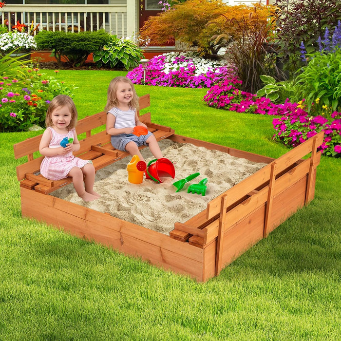 Sabbiera per Bambini in Legno, Sabbiera da Esterno con Coperchio, 2 Panchine con 4 Sedili Larghi e Schienali, Sabbonaia per Giardino, Patio e Cortile, 125 x 118 x 42,5 cm