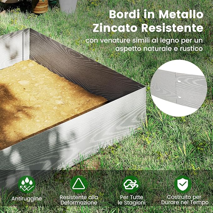 Bordatura da Giardino 6 M, Set di 6 Bordi per Aiola 110 x 20 cm in Metallo Zincato con un Paio di Guanti, Recinzione Flessibile e Forma Regolabile