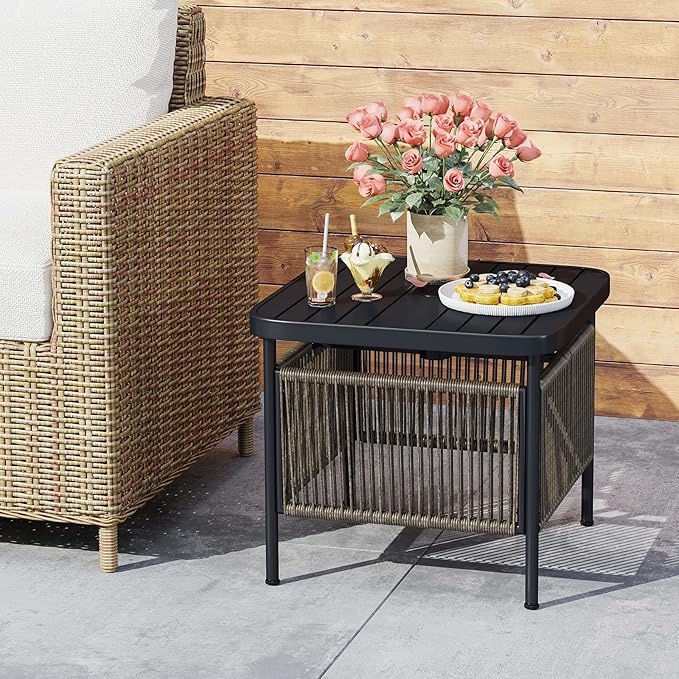 Tavolino da Giardino con Foro per Ombrellone 4 cm, Tavolino da Patio per Veranda, con Gambe in Metallo, Portata 50 kg