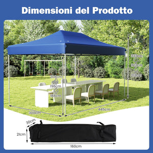 Gazebo Pop-up Pieghevole 3 x 4,5 m, Gazebo da Giardino Impermeabile Altezza Regolabile con Fori di Drenaggio, Tenda da Giardino Antivento con Borsa di Trasporto a Ruote (Blu)