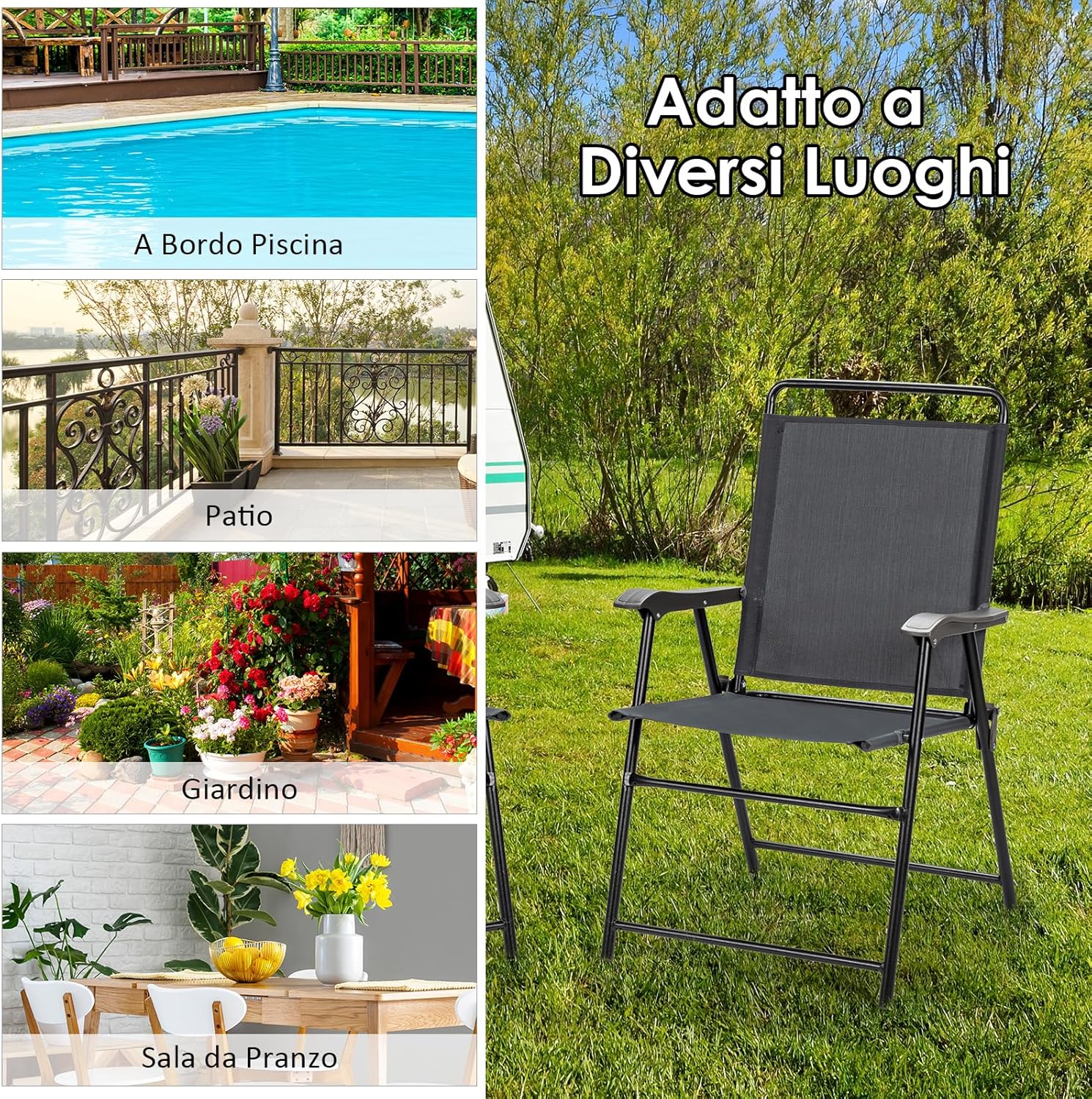 Set di 4 Sedie Pieghevoli da Esterno, Poltrona Portatile con Braccioli e Poggia Piedi, Tessuto Traspirante, Piedini Antiscivolo, per Patio, Giardino