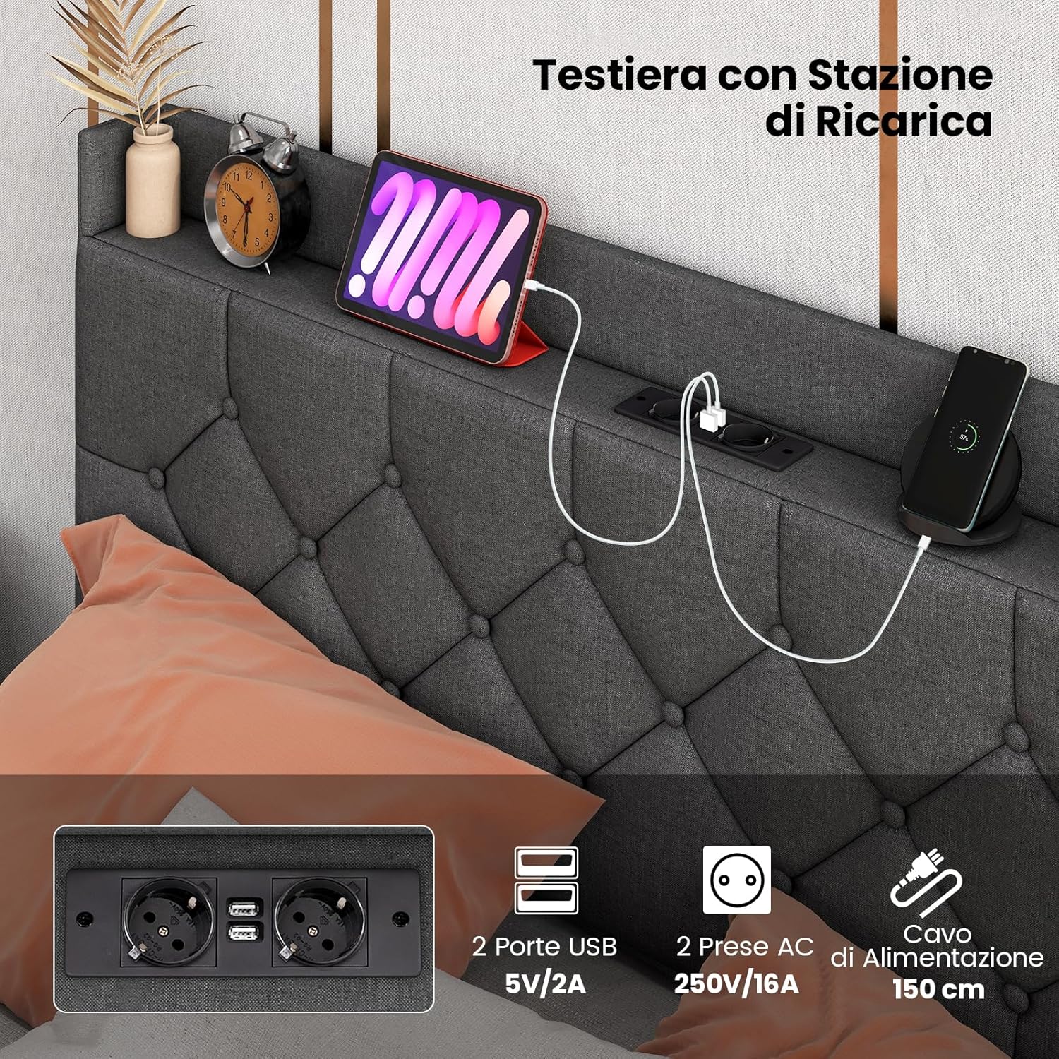 Struttura Letto Matrimoniale con Luci LED, Letto a Piattaforma con Testiera Imbottita Regolabile e Stazione di Ricarica, Letto Moderno in Metallo, Silenzioso, Carico 300kg (200 x 140cm)