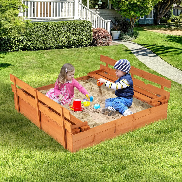 Sabbiera per Bambini in Legno, Sabbiera da Esterno con Coperchio, 2 Panchine con 4 Sedili Larghi e Schienali, Sabbonaia per Giardino, Patio e Cortile, 125 x 118 x 42,5 cm