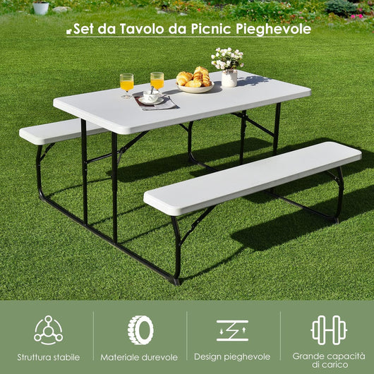 Set di Tavolo Campeggio Pieghevole, 136 x 151 x 73cm, Set di Tavolino e 2 Panca da Campeggio all’Aperto, da 4-6 Posti, per Patio Giardino Bordo Piscina (bianco)