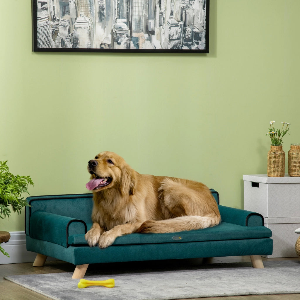 Divano per cane gatto design scandinavo cuscino removibile legno massello 100x62x32 cm blu