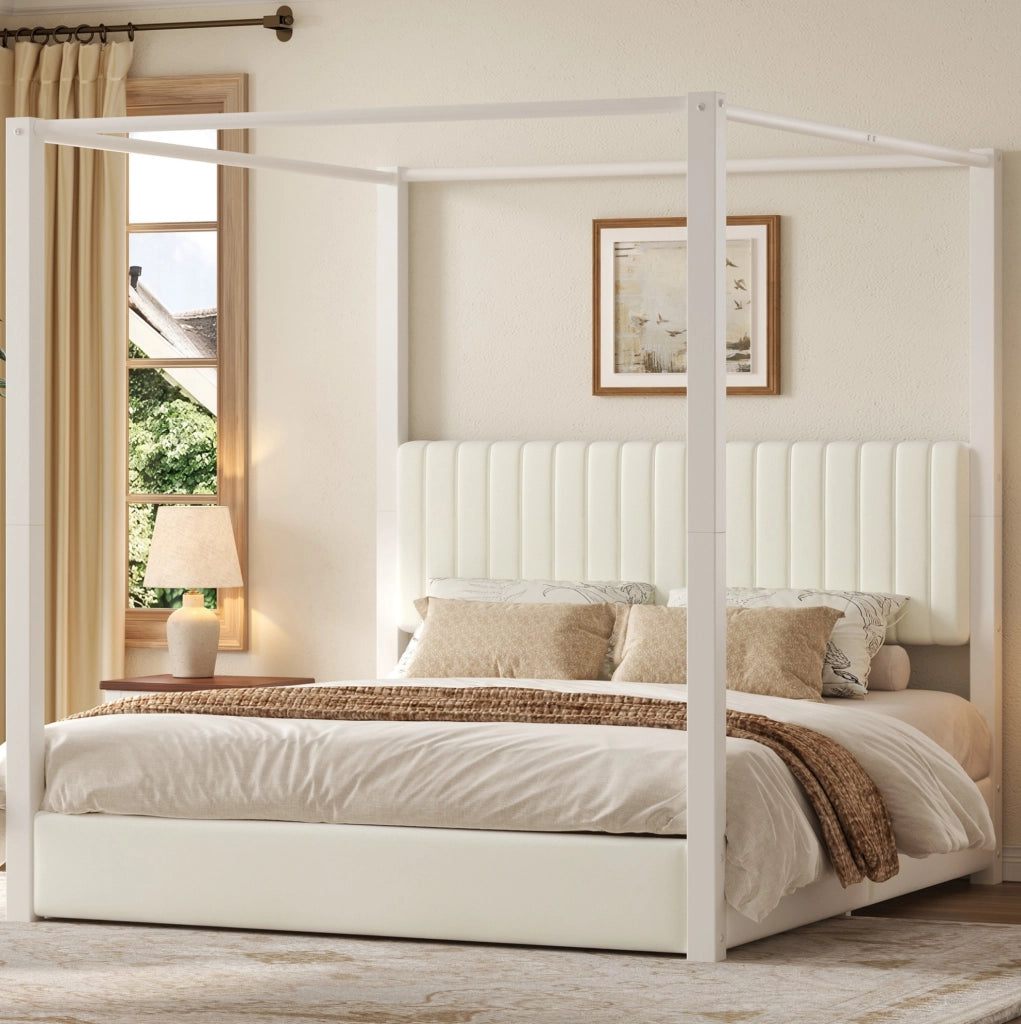 Letto a baldacchino 180x200 cm con testiera imbottita in velluto MDF metallo beige e bianco