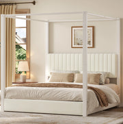 Letto a baldacchino 180x200 cm con testiera imbottita in velluto MDF metallo beige e bianco