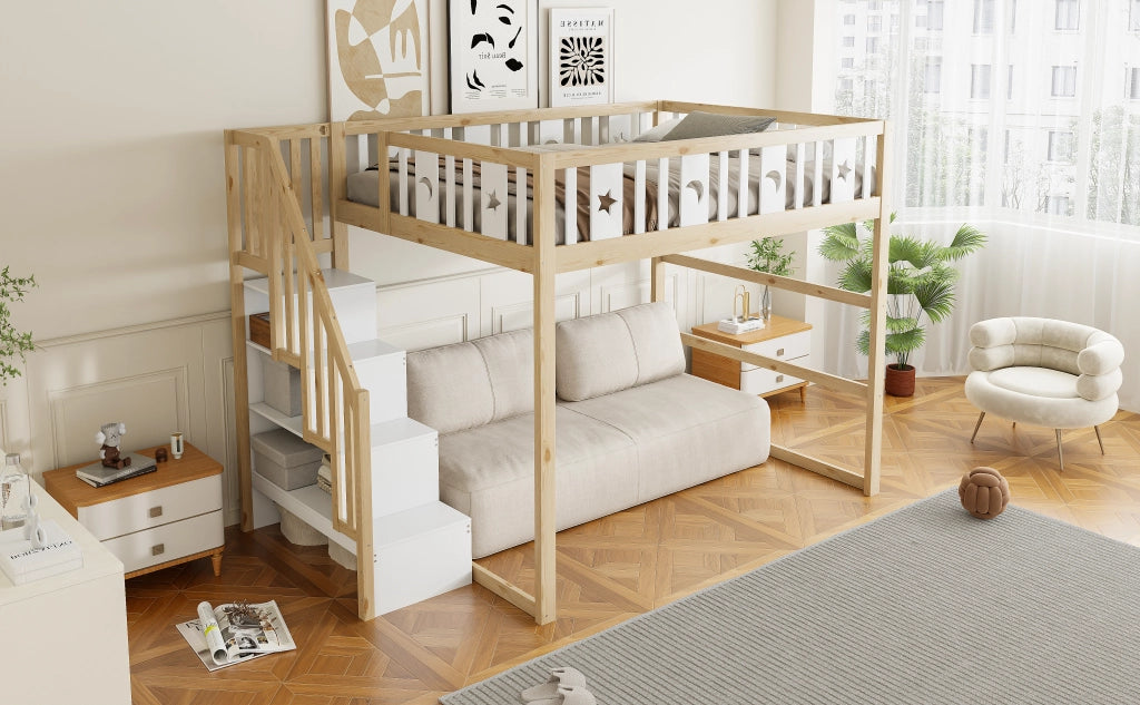 DESMIU Letto a castello per bambini 140 × 200 cm 2 posti con scala, ripiani e senza materasso, in legno massello, naturale e bianco