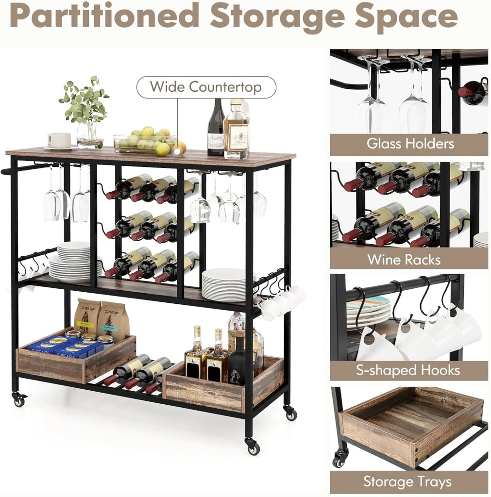 Carrello da Cucina con Ruote, Carrello di Servizio con Portabottiglie, Portabicchieri Ganci, Carrello Portaoggetti a 3 Ripiani per Bar, Casa, Cucina, 108 x 40 x 91 cm (Grigio)