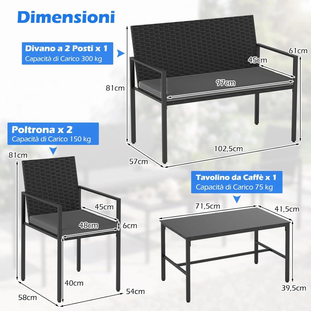 Set di Salotto da Giardino a 4 Pezzi, Poltrone e Divano per Esterno in Rattan con Tavolino da Caffè in Vetro Temperato e Cuscini Morbidi, Set di Conversazione per Cortile e Balcone (Grigio)