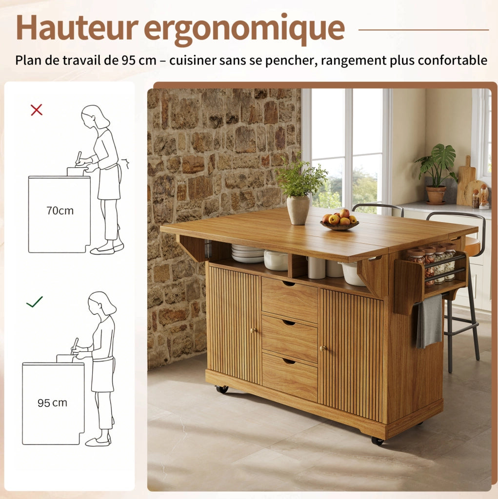 Carrello da cucina pieghevole con 3 cassetti e ripiani regolabili in MDF; marrone scuro