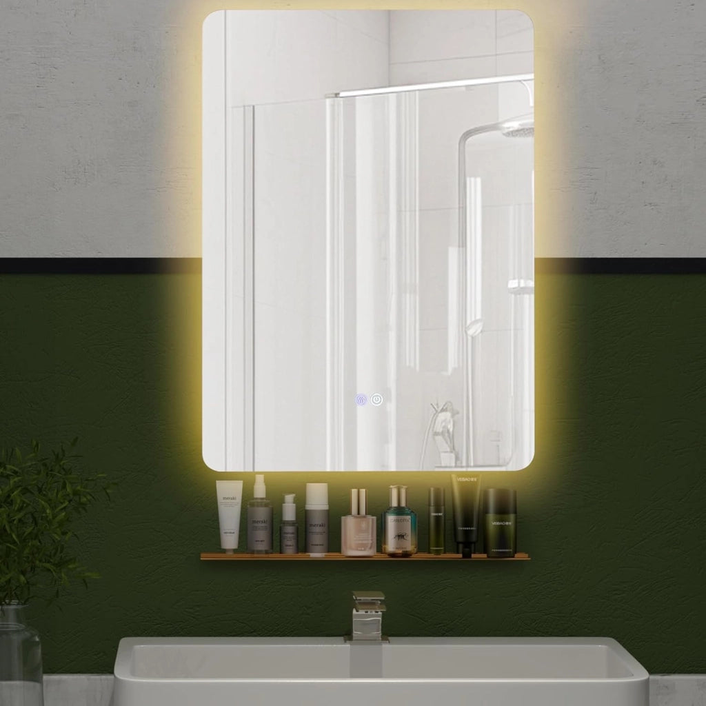 Specchio da Parete 70 x 50cm, Specchio Bagno Rettangolare con Luci Led a 3 Colori, Mensola e Funzioni di Autosbrinante e di Memoria, per Soggiorno e Camera da Letto, IP44