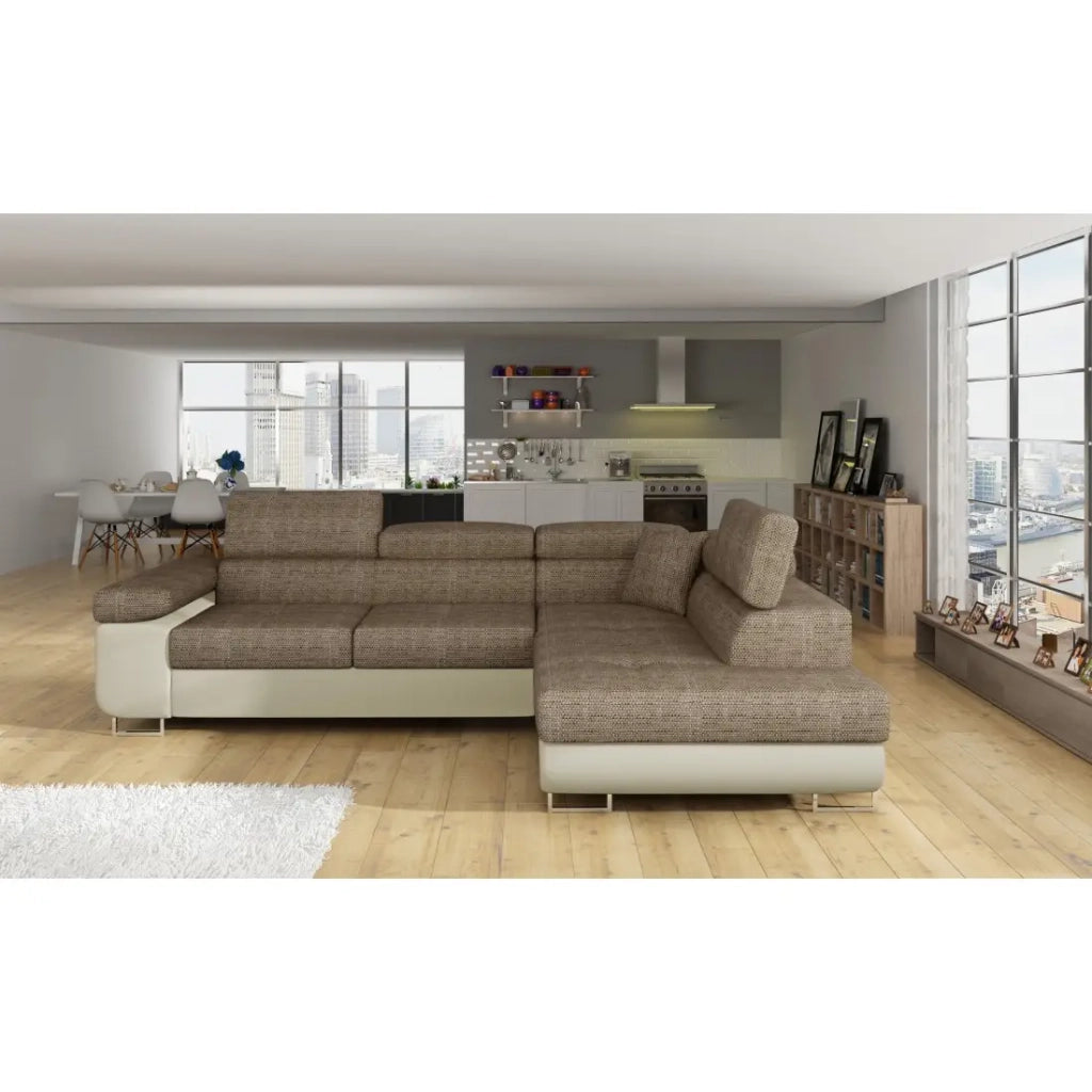 Divano ad angolo convertibile MENTON beige bouclé – 4 posti con vano contenitore e poggiatesta