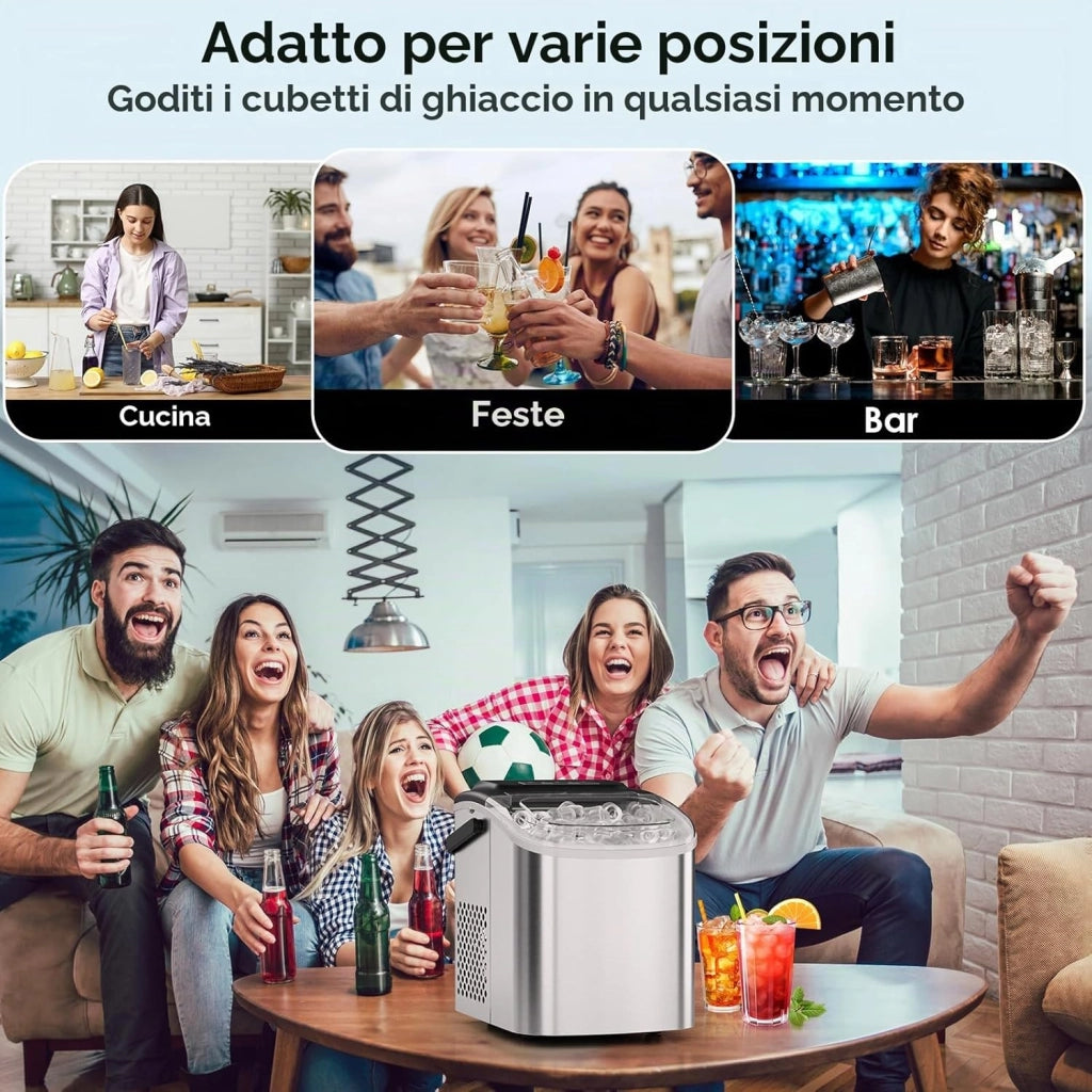 Macchina Ghiaccio, 12 kg/24h, 9 Cubetti di Ghiaccio in 6 Minuti, 2 Dimensioni di Ghiaccio, Silenzioso, Macchina del Ghiaccio con Maniglia, Macchina per il Ghiaccio Autopulente per Cucina/Ufficio/Bar